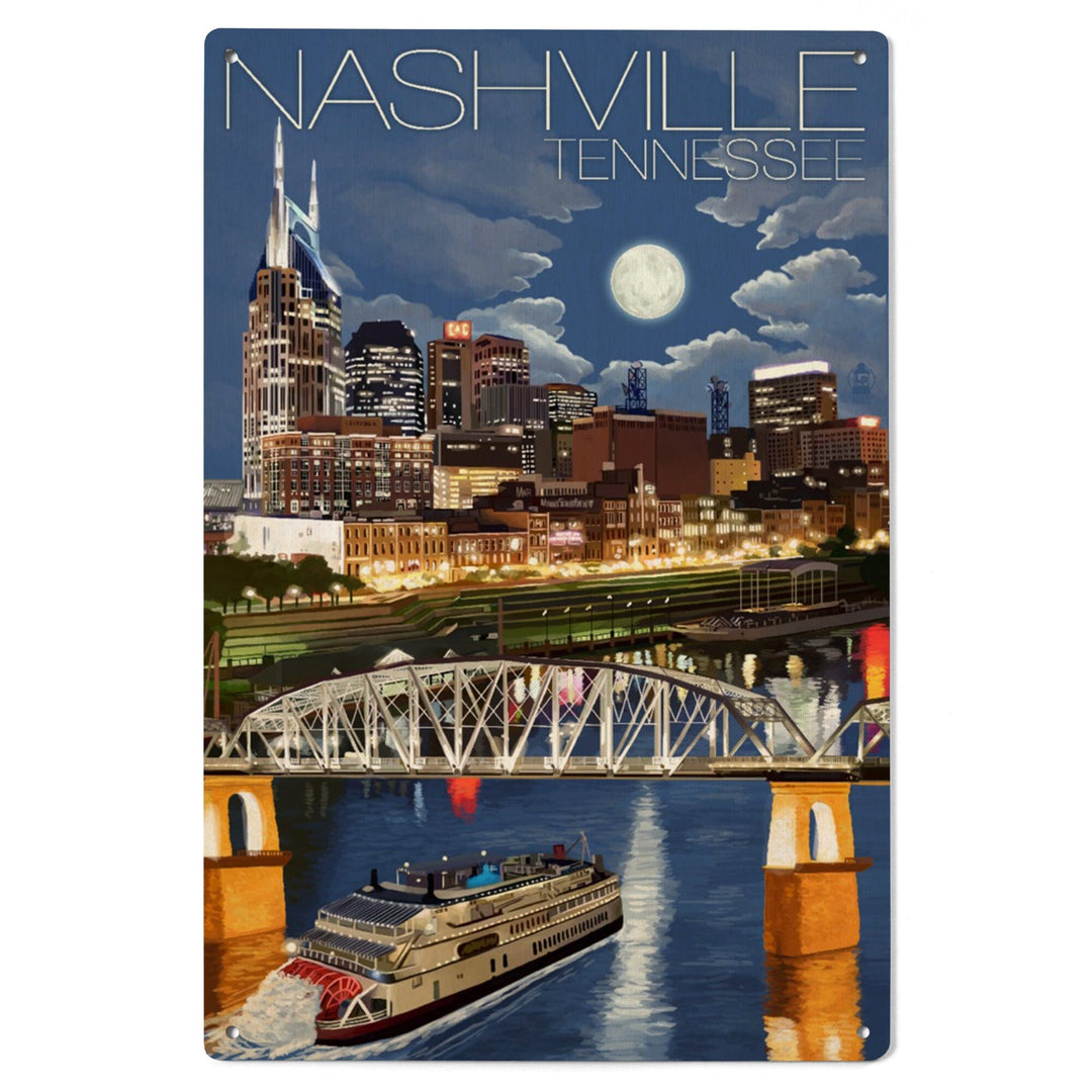 Nashville, Tennesseee, Nashville at Night, Lantern Press Artwork, Wood Signs and Postcards Wood Lantern Press 