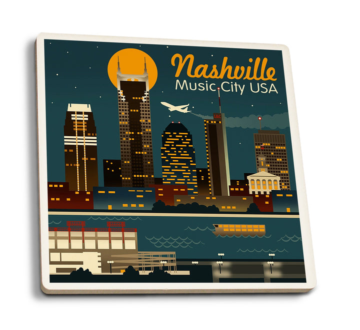 Nashville, Tennesseee, Retro Skyline, Lantern Press Artwork, Coaster Set Coasters Lantern Press 