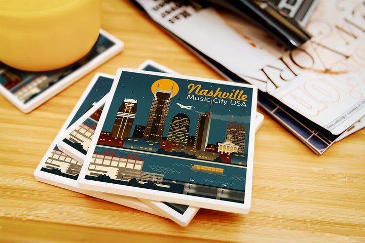 Nashville, Tennesseee, Retro Skyline, Lantern Press Artwork, Coaster Set Coasters Lantern Press 