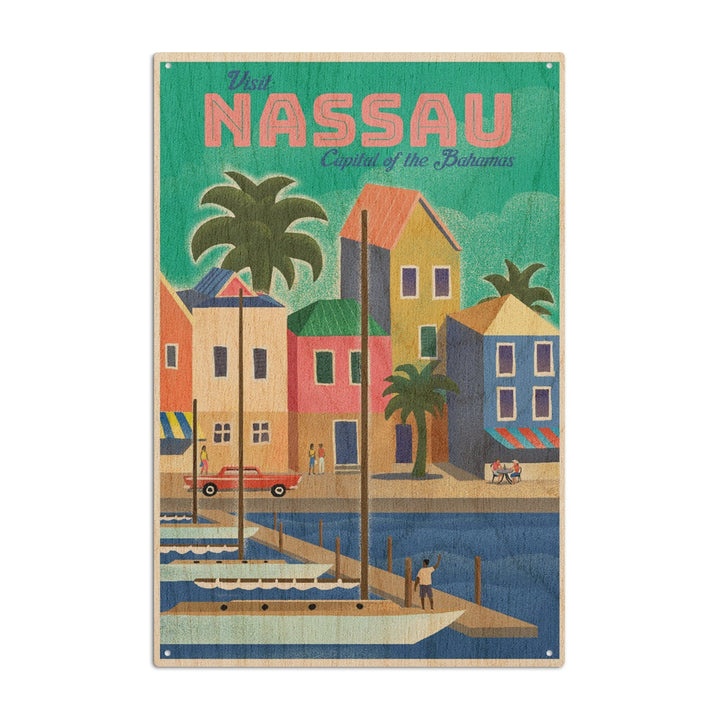 Nassau, Bahamas, Waterside Dock, Lithograph, Lantern Press Artwork, Wood Signs and Postcards Wood Lantern Press 10 x 15 Wood Sign 