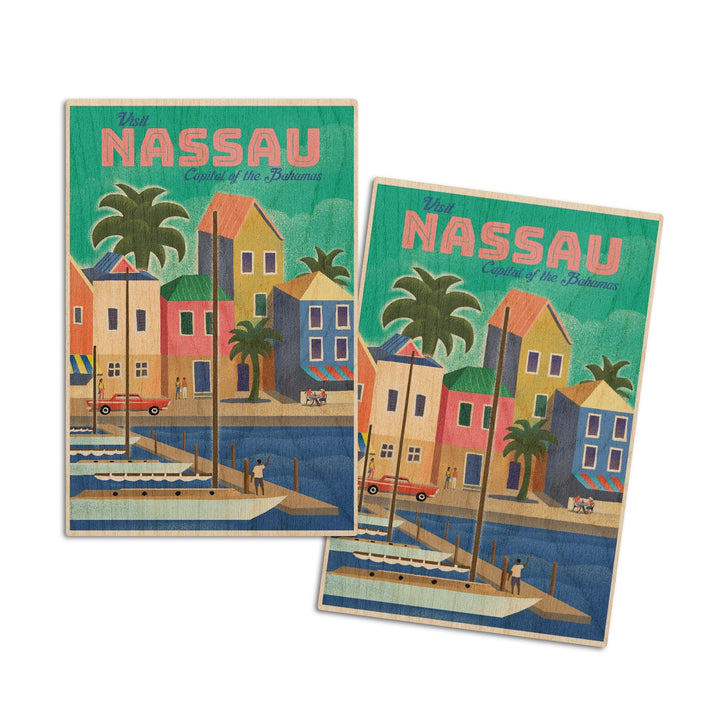 Nassau, Bahamas, Waterside Dock, Lithograph, Lantern Press Artwork, Wood Signs and Postcards Wood Lantern Press 4x6 Wood Postcard Set 