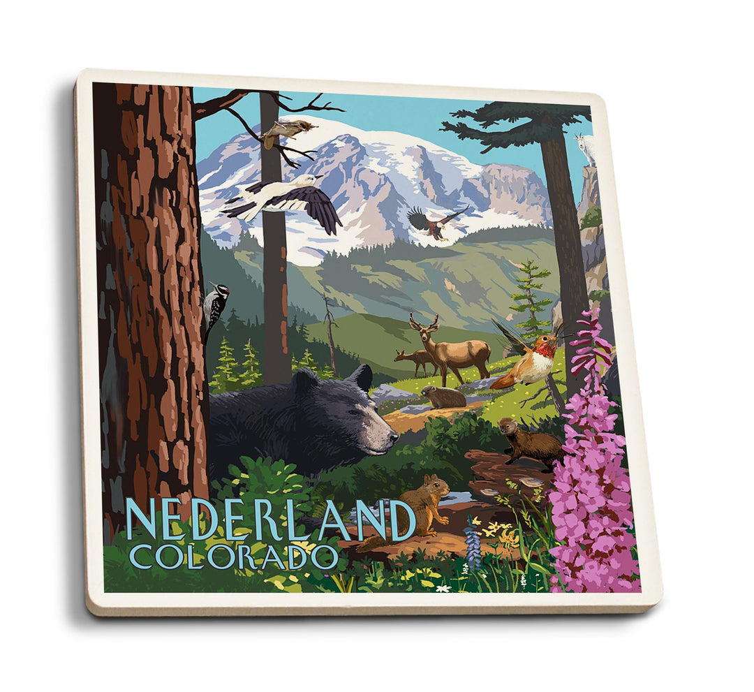 Nederland, Colorado, Wildlife Utopia, Lantern Press Artwork, Coaster Set Coasters Lantern Press 
