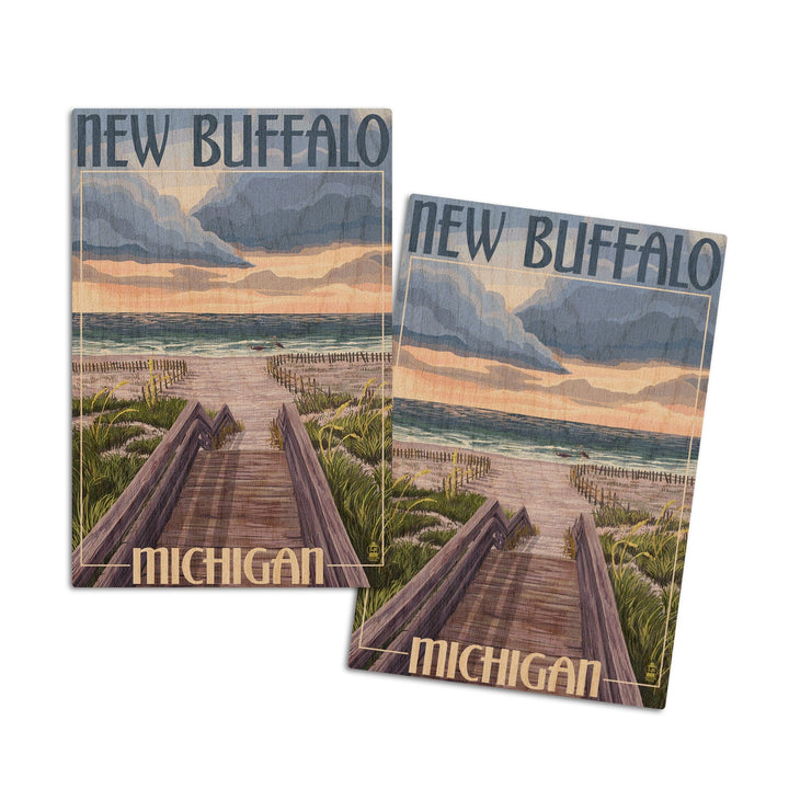 New Buffalo, Michigan, Beach Scene, Lantern Press Artwork, Wood Signs and Postcards Wood Lantern Press 4x6 Wood Postcard Set 