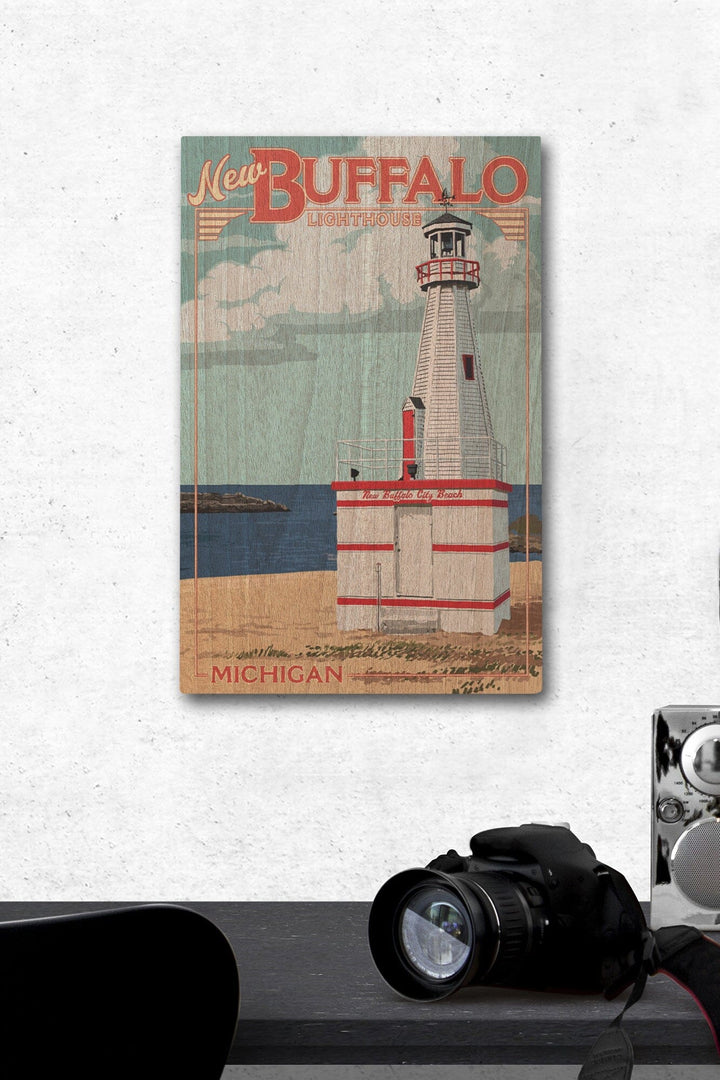 New Buffalo, Michigan, New Buffalo Lighthouse, Lantern Press Artwork, Wood Signs and Postcards Wood Lantern Press 12 x 18 Wood Gallery Print 