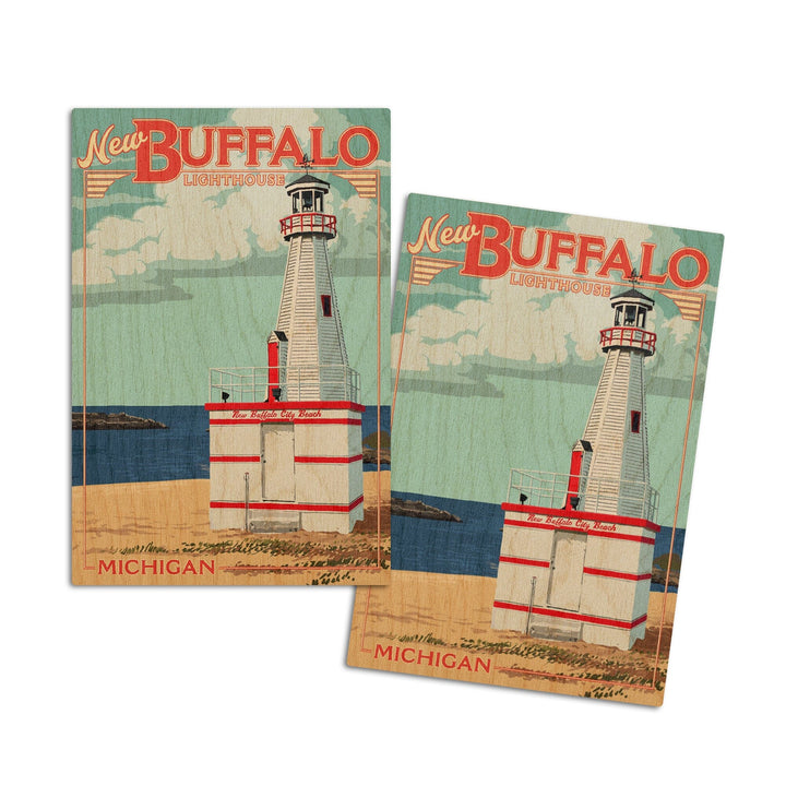 New Buffalo, Michigan, New Buffalo Lighthouse, Lantern Press Artwork, Wood Signs and Postcards Wood Lantern Press 4x6 Wood Postcard Set 