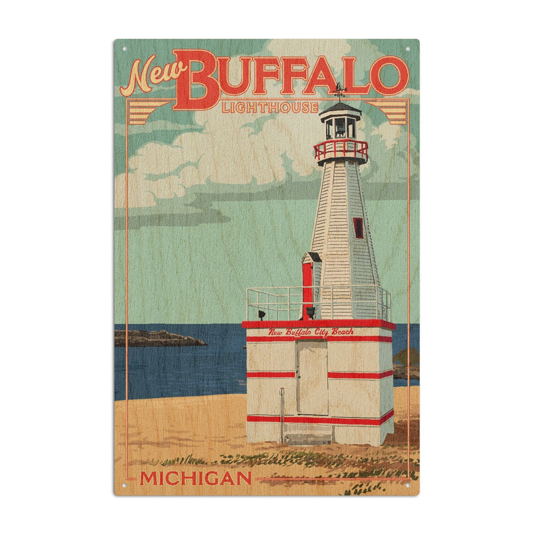 New Buffalo, Michigan, New Buffalo Lighthouse, Lantern Press Artwork, Wood Signs and Postcards Wood Lantern Press 6x9 Wood Sign 