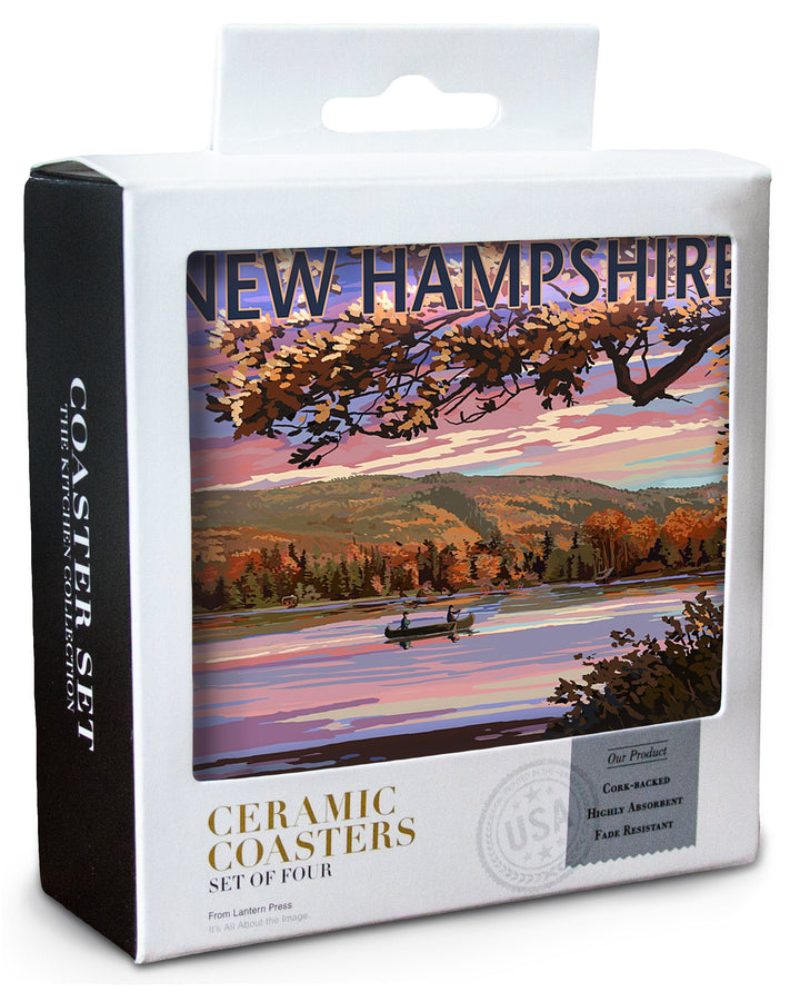New Hampshire, Lake at Dusk, Lantern Press Artwork, Coaster Set Coasters Lantern Press 