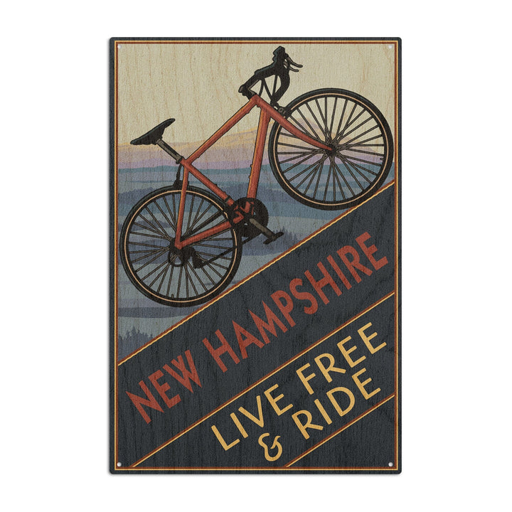 New Hampshire, Live Free and Ride, Mountain Bike, Lantern Press Poster, Wood Signs and Postcards Wood Lantern Press 10 x 15 Wood Sign 