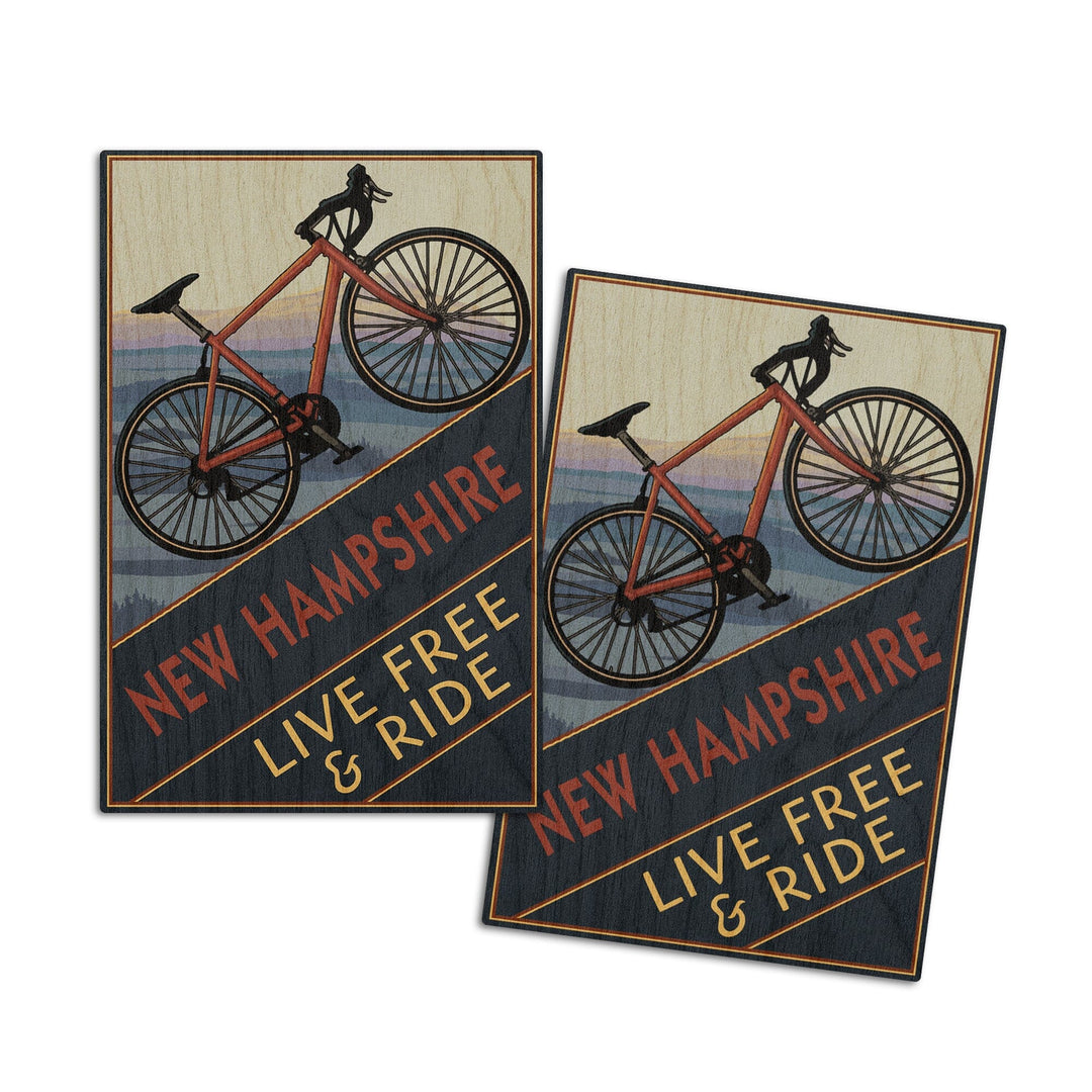 New Hampshire, Live Free and Ride, Mountain Bike, Lantern Press Poster, Wood Signs and Postcards Wood Lantern Press 4x6 Wood Postcard Set 