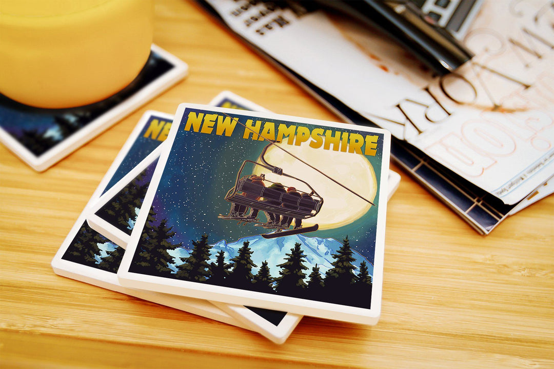 New Hampshire, Ski Lift & Full Moon, Lantern Press Artwork, Coaster Set Coasters Lantern Press 