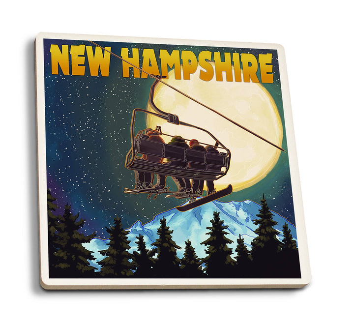 New Hampshire, Ski Lift & Full Moon, Lantern Press Artwork, Coaster Set Coasters Lantern Press 