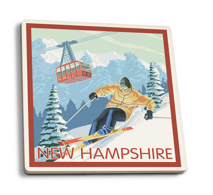 New Hampshire, Skier and Tram, Lantern Press Artwork, Coaster Set Coasters Lantern Press 
