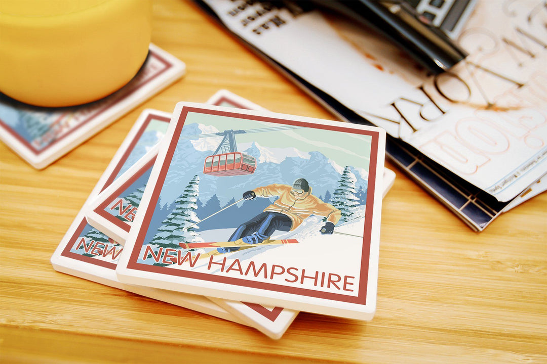New Hampshire, Skier and Tram, Lantern Press Artwork, Coaster Set Coasters Lantern Press 