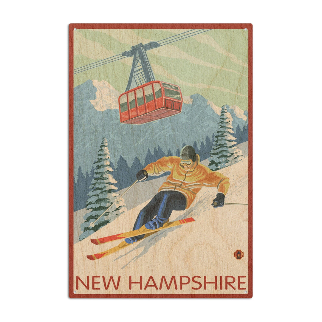 New Hampshire, Skier and Tram, Lantern Press Artwork, Wood Signs and Postcards Wood Lantern Press 10 x 15 Wood Sign 