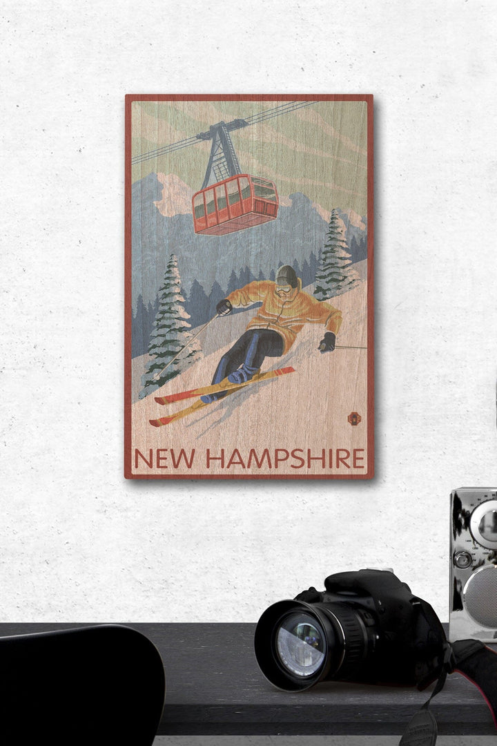 New Hampshire, Skier and Tram, Lantern Press Artwork, Wood Signs and Postcards Wood Lantern Press 12 x 18 Wood Gallery Print 