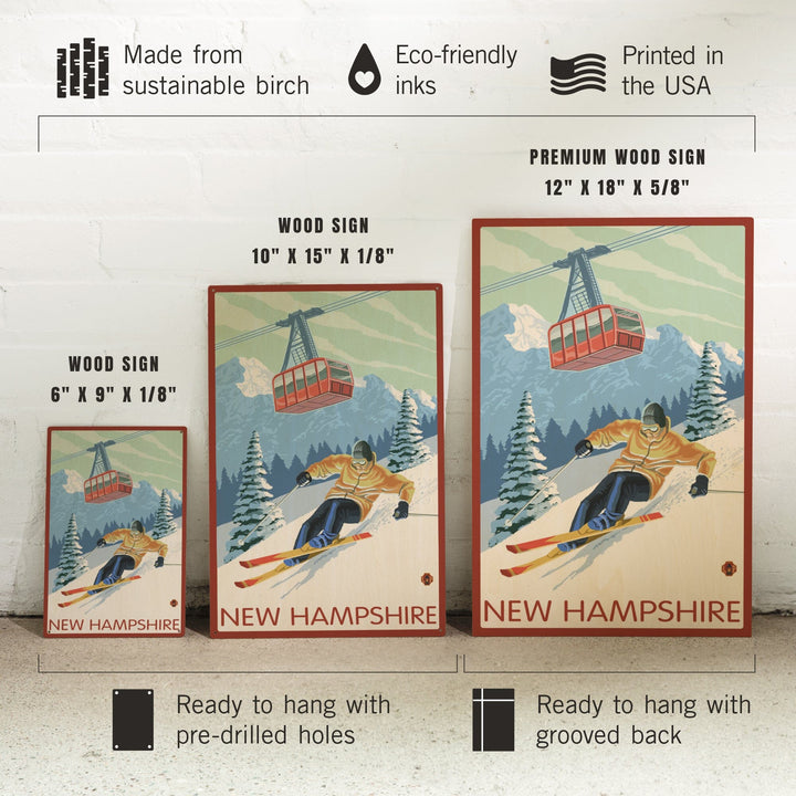 New Hampshire, Skier and Tram, Lantern Press Artwork, Wood Signs and Postcards Wood Lantern Press 