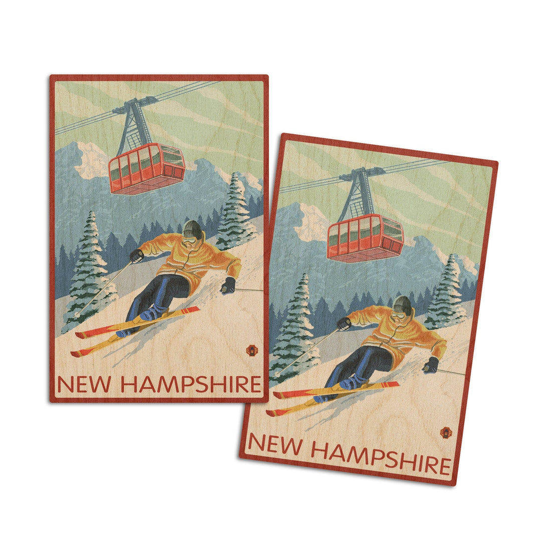 New Hampshire, Skier and Tram, Lantern Press Artwork, Wood Signs and Postcards Wood Lantern Press 4x6 Wood Postcard Set 