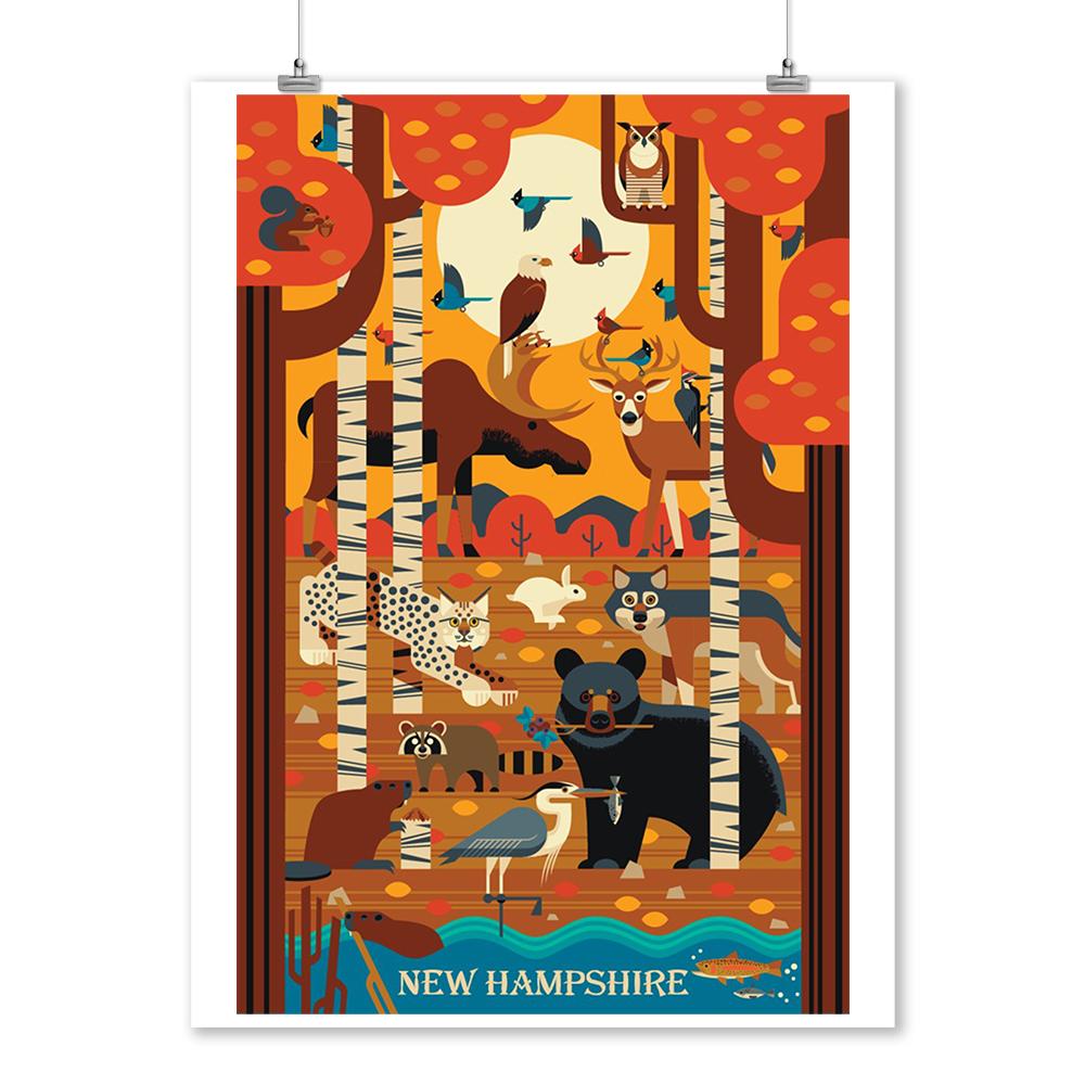 New Hampshire, Woodland Forest Animals, Fall, Geometric, Lantern Press Artwork, Art Prints and Metal Signs Art Lantern Press 12 x 18 Art Print 