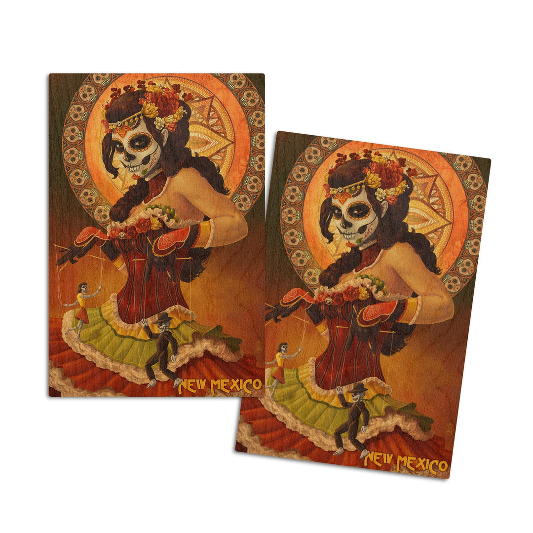 New Mexico, Day of the Dead Marionettes, Lantern Press Artwork, Wood Signs and Postcards Wood Lantern Press 4x6 Wood Postcard Set 