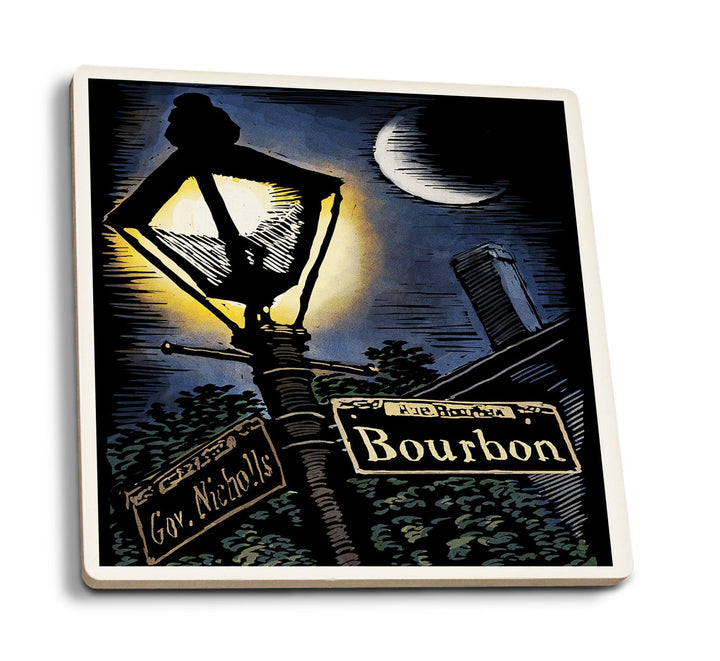 New Orleans, Louisiana, Bourbon Street Lamppost, Scratchboard, Lantern Press Artwork, Coaster Set Coasters Lantern Press 