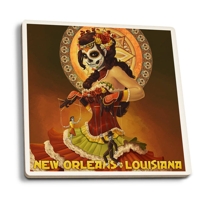 New Orleans, Louisiana, Dia De Los Muertos Marionettes, Day of the Dead, Lantern Press Artwork, Coaster Set Coasters Lantern Press 