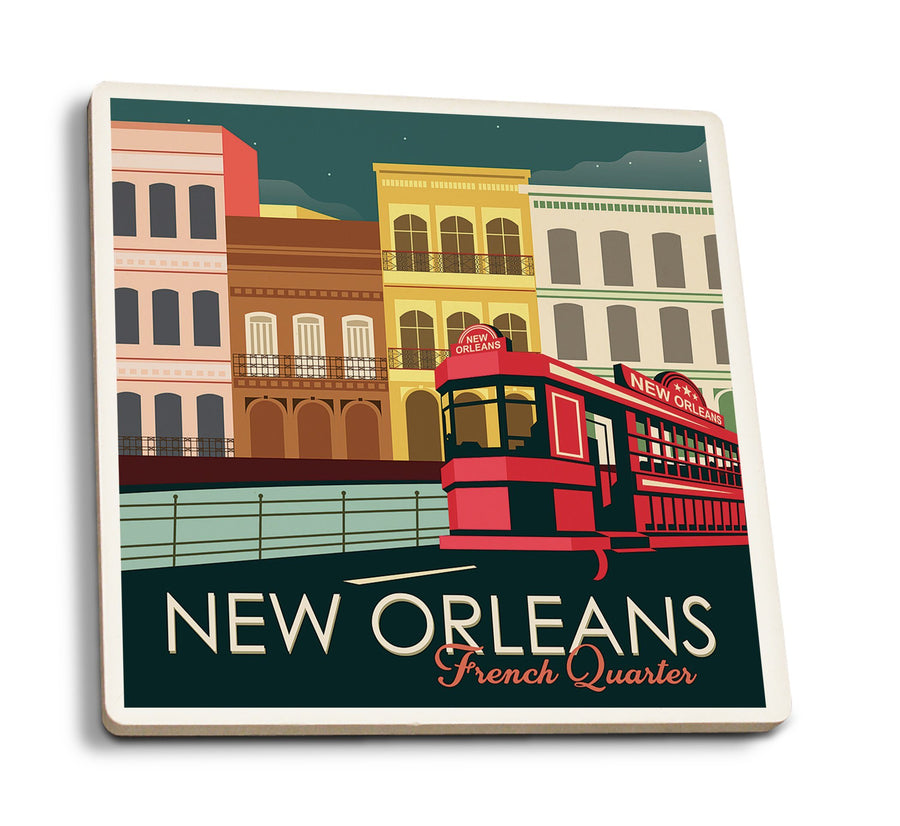 New Orleans, Louisiana, French Quarter, Buildings & Street Car, Vector, Lantern Press Artwork, Coaster Set Coasters Lantern Press 