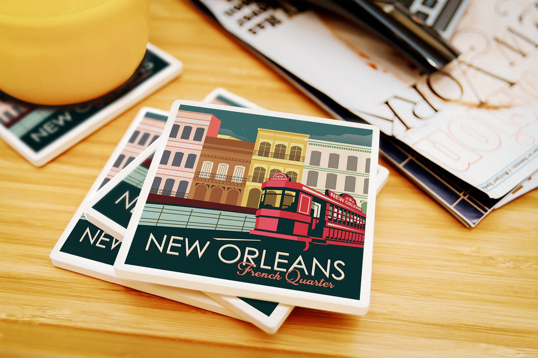 New Orleans, Louisiana, French Quarter, Buildings & Street Car, Vector, Lantern Press Artwork, Coaster Set Coasters Lantern Press 
