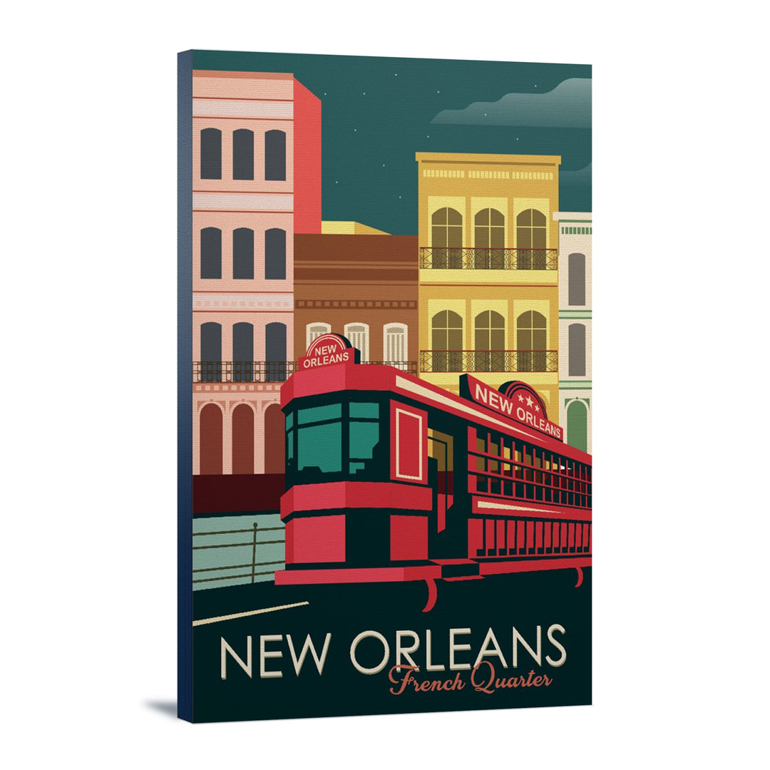 New Orleans, Louisiana, French Quarter, Buildings & Street Car, Vector, Lantern Press Artwork, Stretched Canvas Canvas Lantern Press 12x18 Stretched Canvas 