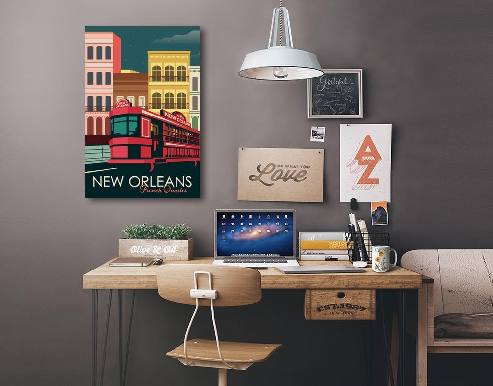 New Orleans, Louisiana, French Quarter, Buildings & Street Car, Vector, Lantern Press Artwork, Stretched Canvas Canvas Lantern Press 