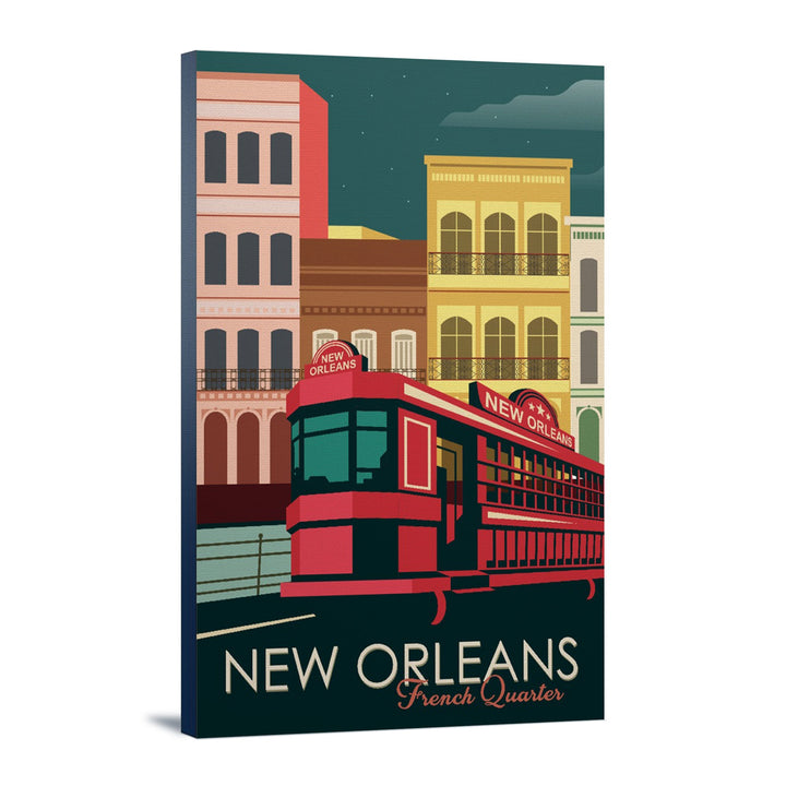 New Orleans, Louisiana, French Quarter, Buildings & Street Car, Vector, Lantern Press Artwork, Stretched Canvas Canvas Lantern Press 16x24 Stretched Canvas 