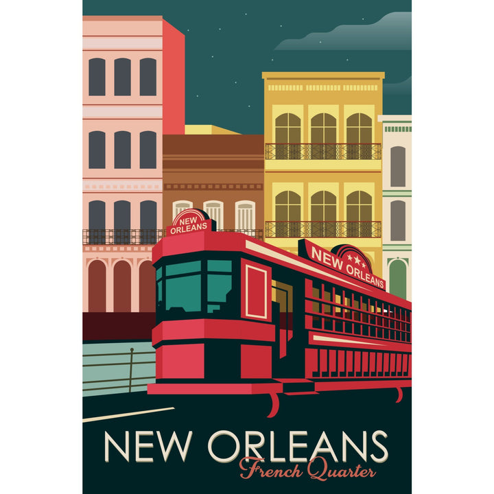 New Orleans, Louisiana, French Quarter, Buildings & Street Car, Vector, Lantern Press Artwork, Stretched Canvas Canvas Lantern Press 