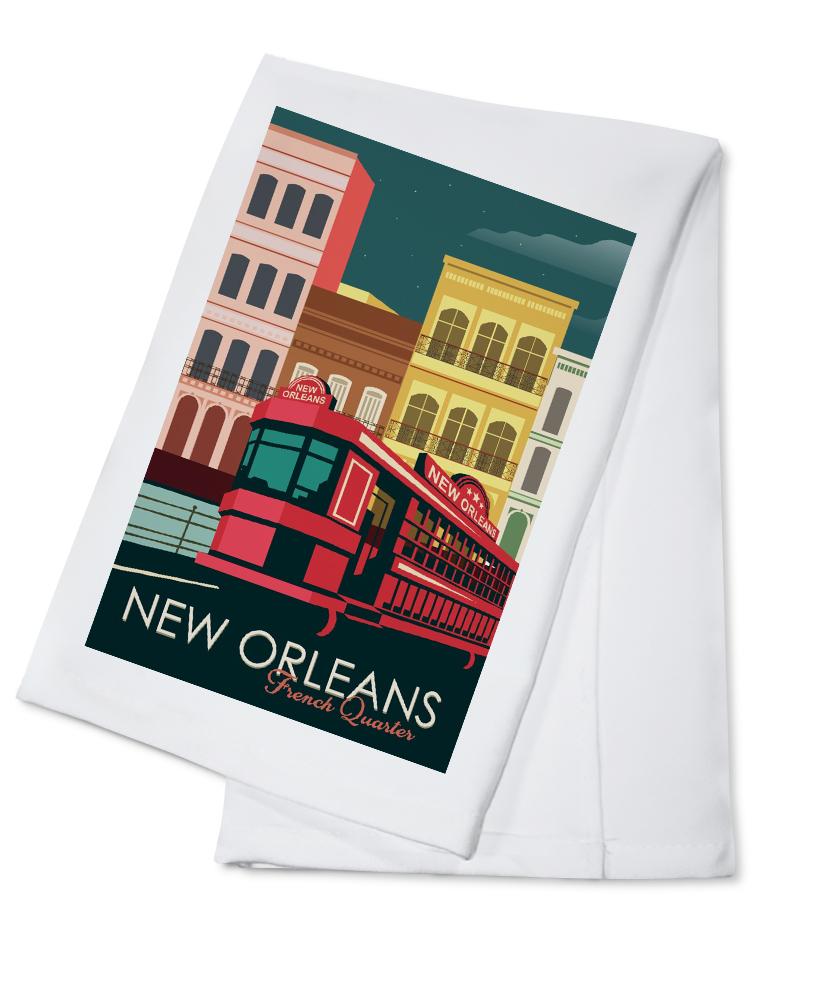 New Orleans, Louisiana, French Quarter, Buildings & Street Car, Vector, Lantern Press Artwork, Towels and Aprons Kitchen Lantern Press Cotton Towel 
