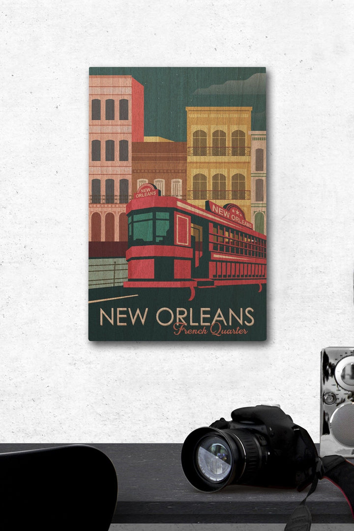 New Orleans, Louisiana, French Quarter, Buildings & Street Car, Vector, Lantern Press Artwork, Wood Signs and Postcards Wood Lantern Press 12 x 18 Wood Gallery Print 