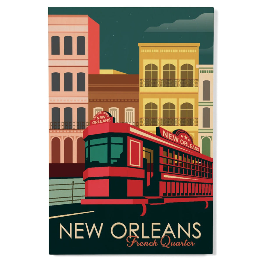 New Orleans, Louisiana, French Quarter, Buildings & Street Car, Vector, Lantern Press Artwork, Wood Signs and Postcards Wood Lantern Press 
