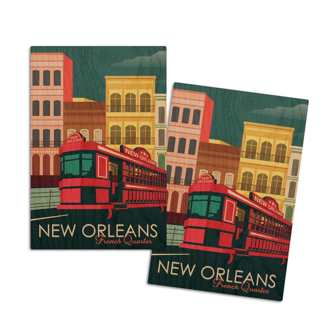 New Orleans, Louisiana, French Quarter, Buildings & Street Car, Vector, Lantern Press Artwork, Wood Signs and Postcards Wood Lantern Press 4x6 Wood Postcard Set 