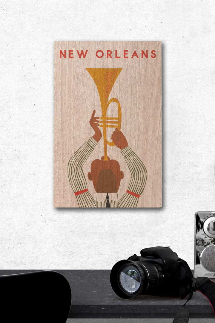 New Orleans, Louisiana, Horn Player, Lantern Press Artwork, Wood Signs and Postcards Wood Lantern Press 12 x 18 Wood Gallery Print 