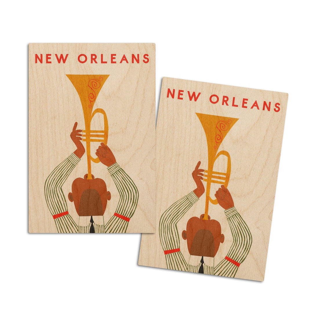 New Orleans, Louisiana, Horn Player, Lantern Press Artwork, Wood Signs and Postcards Wood Lantern Press 4x6 Wood Postcard Set 