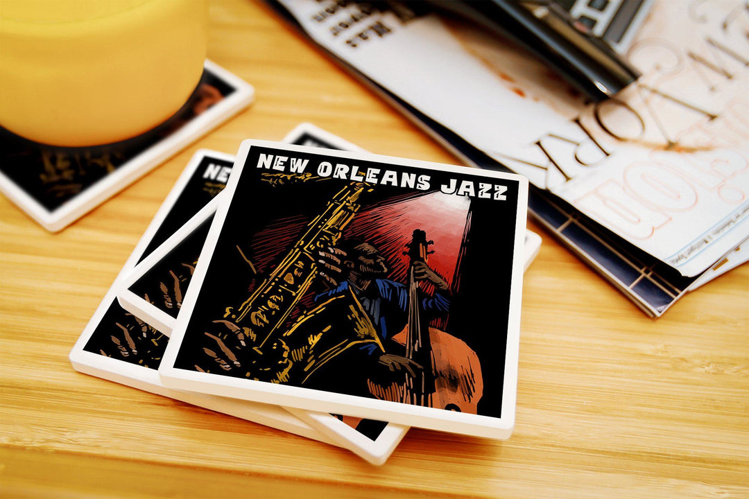 New Orleans, Louisiana, Jazz Band, Scratchboard, Lantern Press Artwork, Coaster Set Coasters Lantern Press 
