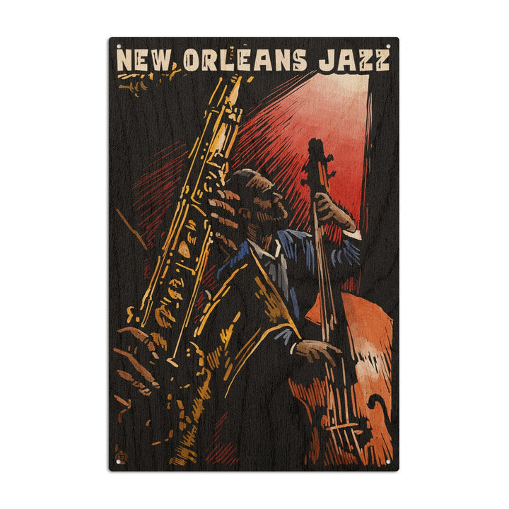 New Orleans, Louisiana, Jazz Band, Scratchboard, Lantern Press Artwork, Wood Signs and Postcards Wood Lantern Press 10 x 15 Wood Sign 