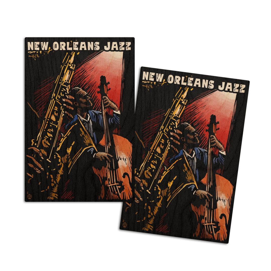 New Orleans, Louisiana, Jazz Band, Scratchboard, Lantern Press Artwork, Wood Signs and Postcards Wood Lantern Press 4x6 Wood Postcard Set 