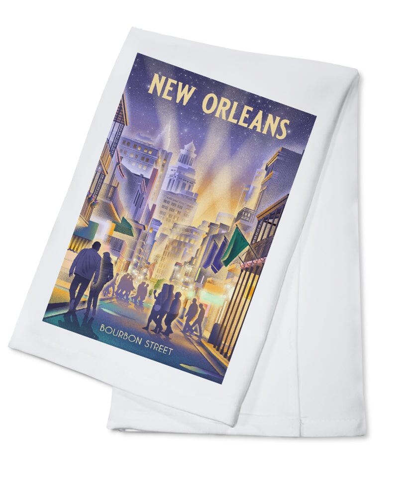 New Orleans, Louisiana, Lithograph, City Series, Bourbon Street Kitchen Lantern Press Cotton Towel 