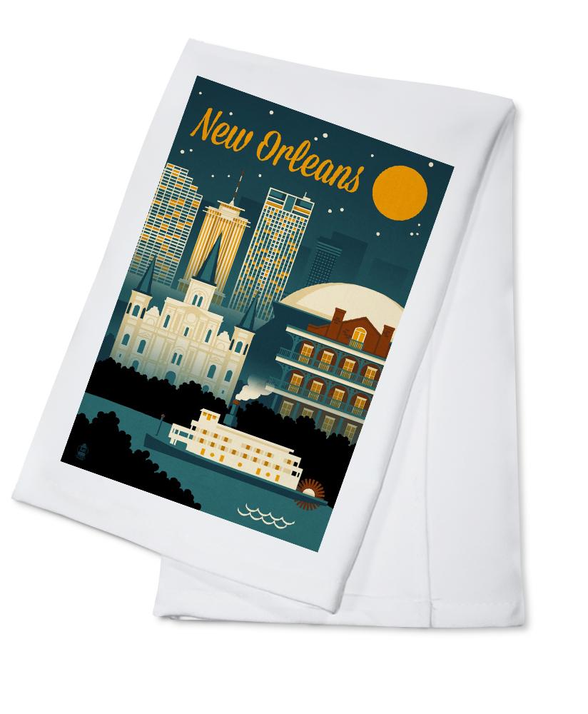 New Orleans, Louisiana, Retro Skyline, Lantern Press Artwork, Towels and Aprons Kitchen Lantern Press Cotton Towel 