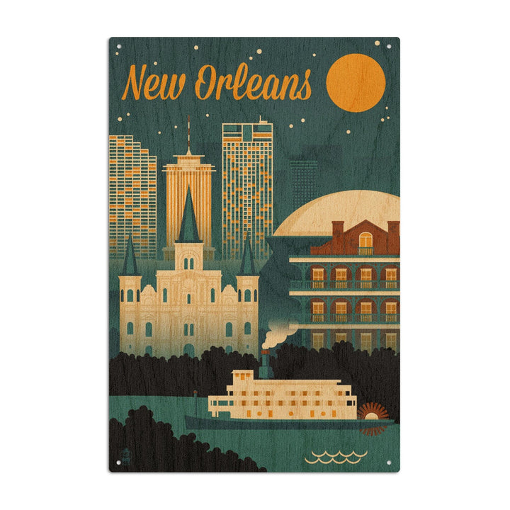New Orleans, Louisiana, Retro Skyline, Lantern Press Artwork, Wood Signs and Postcards Wood Lantern Press 10 x 15 Wood Sign 