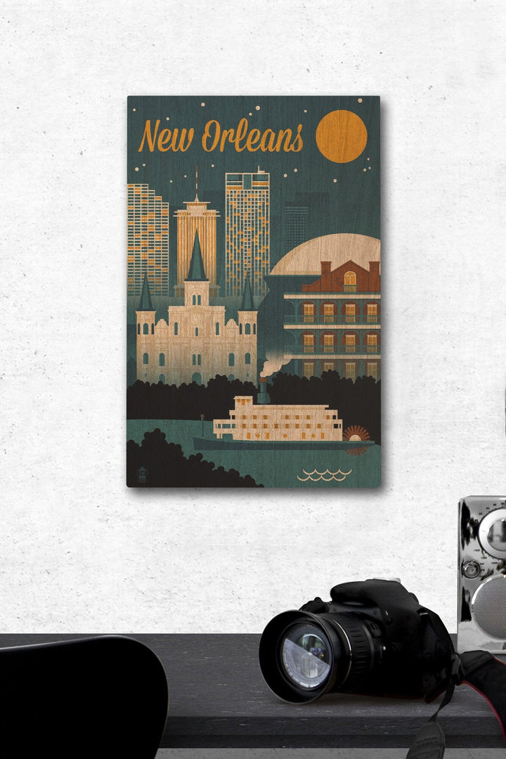 New Orleans, Louisiana, Retro Skyline, Lantern Press Artwork, Wood Signs and Postcards Wood Lantern Press 12 x 18 Wood Gallery Print 