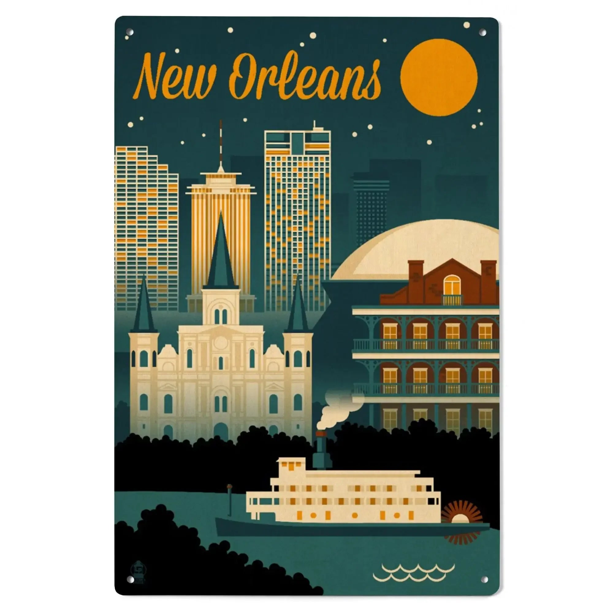 New Orleans, Louisiana, Retro Skyline, Lantern Press Artwork, Wood Sig
