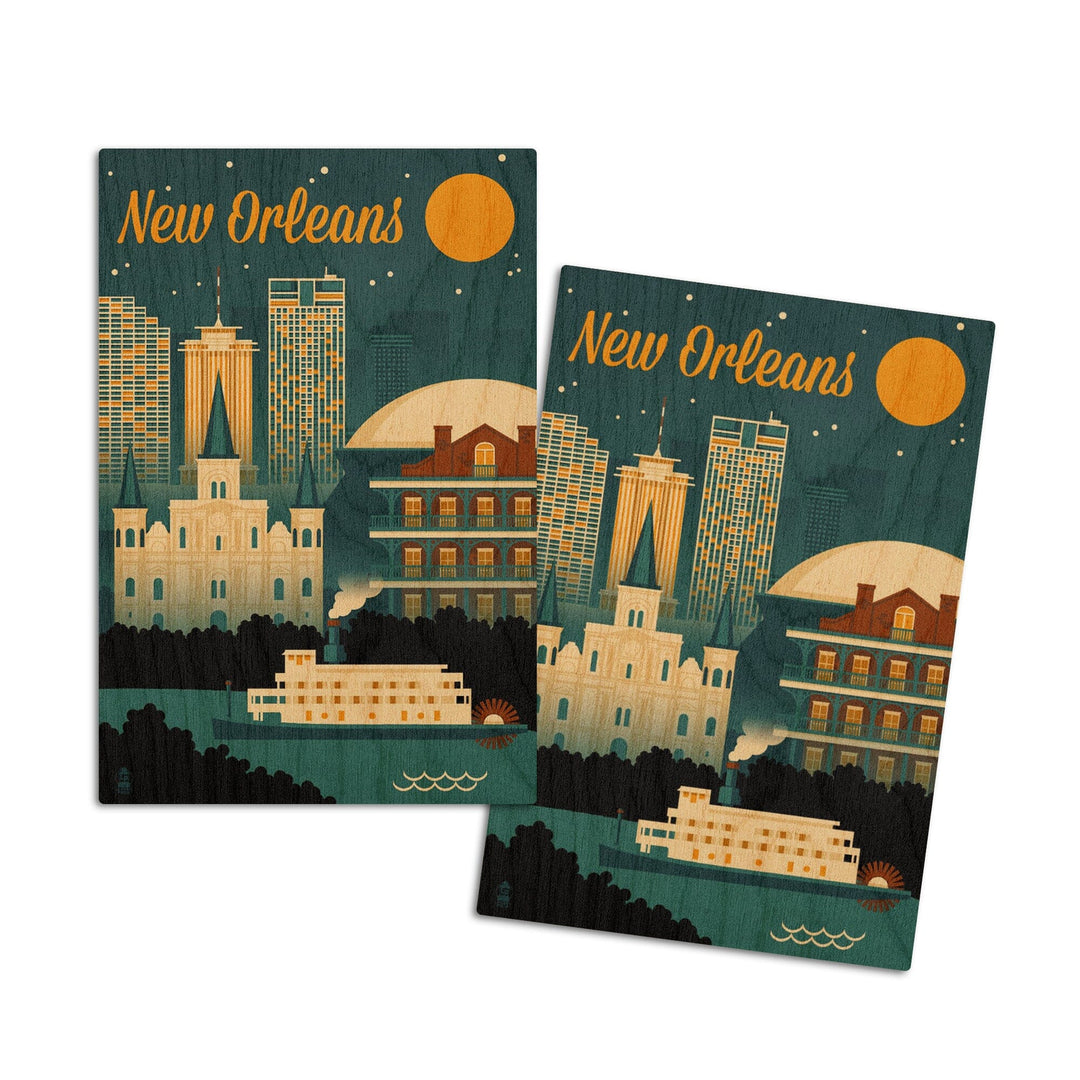 New Orleans, Louisiana, Retro Skyline, Lantern Press Artwork, Wood Signs and Postcards Wood Lantern Press 4x6 Wood Postcard Set 