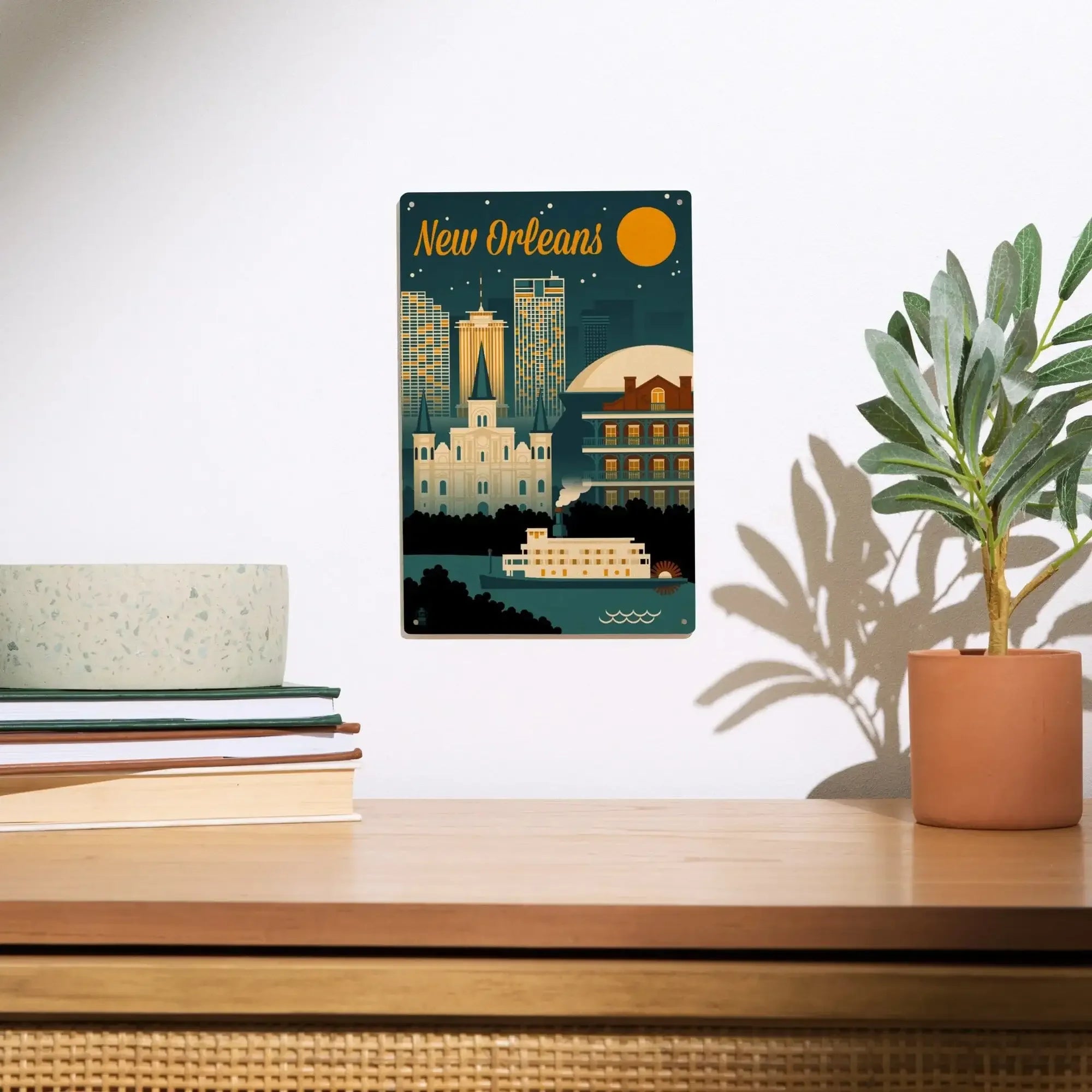 New Orleans, Louisiana, Retro Skyline, Lantern Press Artwork, Wood Sig