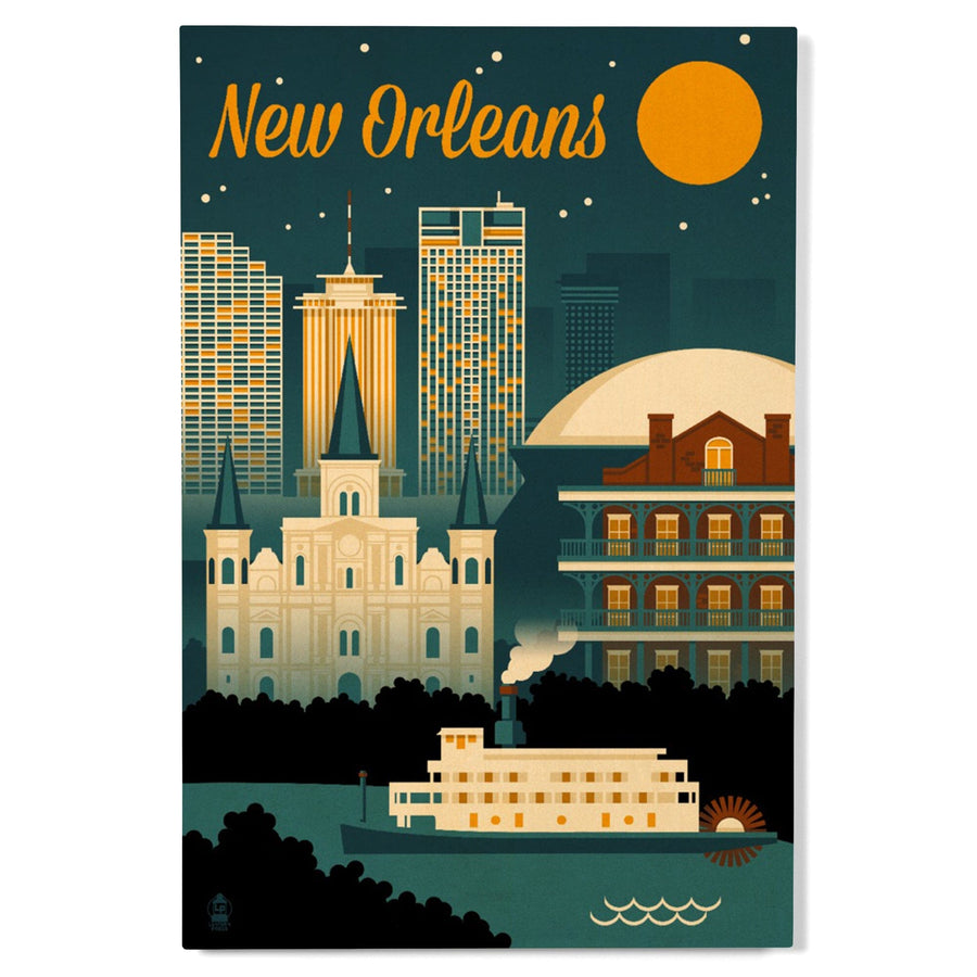 New Orleans, Louisiana, Retro Skyline, Lantern Press Artwork, Wood Signs and Postcards Wood Lantern Press 