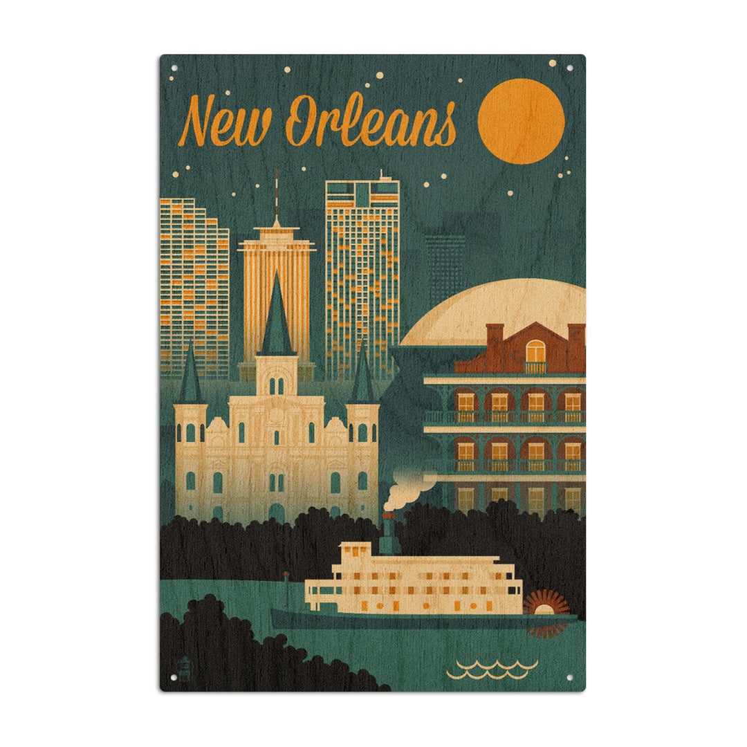 New Orleans, Louisiana, Retro Skyline, Lantern Press Artwork, Wood Signs and Postcards Wood Lantern Press 6x9 Wood Sign 