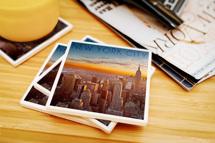 New York City, New York, Aerial Skyline at Sunset, Lantern Press Photography, Coaster Set Coasters Lantern Press 